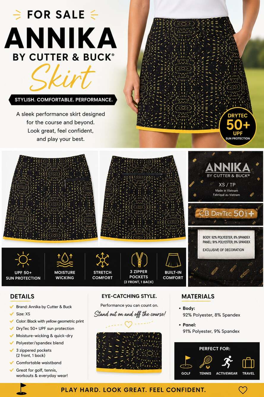 Annika by Cutter & Buck Performance Golf Skirt Black Yellow Geometric Print Size